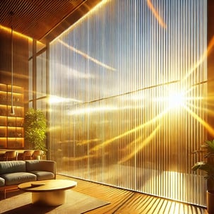 DALL·E 2025-01-09 16.21.11 - A vibrant and bright image showcasing reeded glass film with vertical stripes spaced 13 mm apart, illuminated by strong natural sunlight. The film is DALL·E 2025-01-09 16.21.11 - A vibrant and bright image showcasing reeded glass film with vertical stripes spaced 13 mm apart, illuminated by strong natural sunlight. The film is